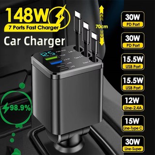 Bộ sạc ô tô có thể thu vào 5IN1 Cổng sạc USB Type-C PD có màn hình điện áp Dây sạc nhanh Bộ chuyển đổi bật lửa xì gà