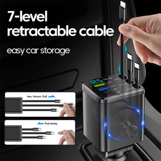 Bộ sạc ô tô có thể thu vào 5IN1 Cổng sạc USB Type-C PD có màn hình điện áp Dây sạc nhanh Bộ chuyển đổi bật lửa xì gà