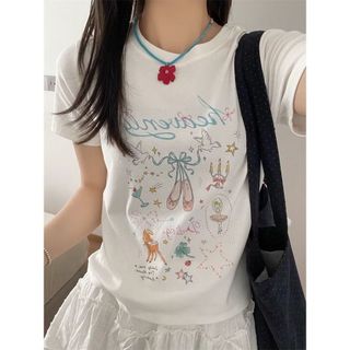 Áo thun nữ cổ tròn 100% cotton, in hình hoạt hình