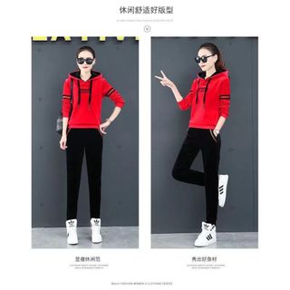 Lông Cừu Lót Dày Vàng Nhung Thể Thao Thường Ngày Phù Hợp Với Nữ Mùa Đông Kích Thước Lớn Rời Có Mũ Trùm Đầu Áo Hai Mảnh