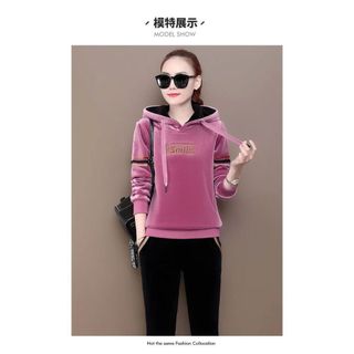 Lông Cừu Lót Dày Vàng Nhung Thể Thao Thường Ngày Phù Hợp Với Nữ Mùa Đông Kích Thước Lớn Rời Có Mũ Trùm Đầu Áo Hai Mảnh