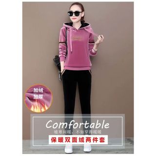 Lông Cừu Lót Dày Vàng Nhung Thể Thao Thường Ngày Phù Hợp Với Nữ Mùa Đông Kích Thước Lớn Rời Có Mũ Trùm Đầu Áo Hai Mảnh