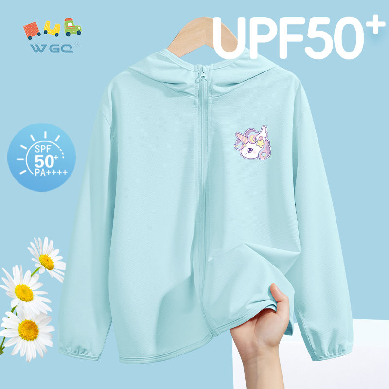 W.G.Q Quần áo chống nắng cho bé gái , thiết kế Cardigan có mũ trùm đầu in hình kỳ lân, thoáng khí nhẹ, chỉ số chống nắng 50 +