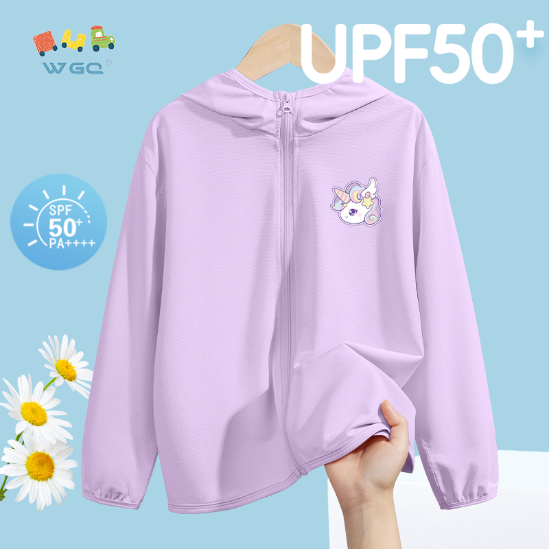 W.G.Q Quần áo chống nắng cho bé gái , thiết kế Cardigan có mũ trùm đầu in hình kỳ lân, thoáng khí nhẹ, chỉ số chống nắng 50 +