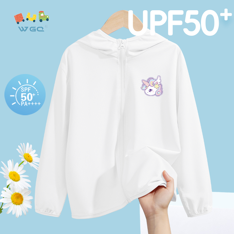 W.G.Q Quần áo chống nắng cho bé gái , thiết kế Cardigan có mũ trùm đầu in hình kỳ lân, thoáng khí nhẹ, chỉ số chống nắng 50 +
