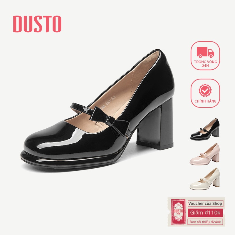 DUSTO Giày Mary Jane Gót Bèo 7.5cm Cao Gót Mũi Tròn Quai Ngang Có Nơ Mặt Bóng Thanh Lịch DW25C0158A