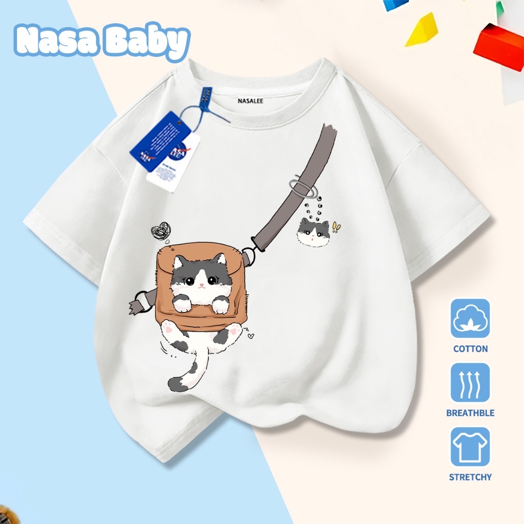 🚀Xu hướng hot 2026🚀 Áo thun trẻ em họa tiết mèo đeo ba lô NASA 100% chất liệu cotton Unisex Giao hàng ngay