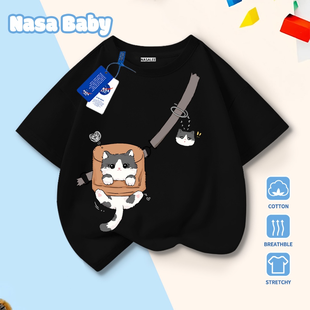 🚀Xu hướng hot 2026🚀 Áo thun trẻ em họa tiết mèo đeo ba lô NASA 100% chất liệu cotton Unisex Giao hàng ngay