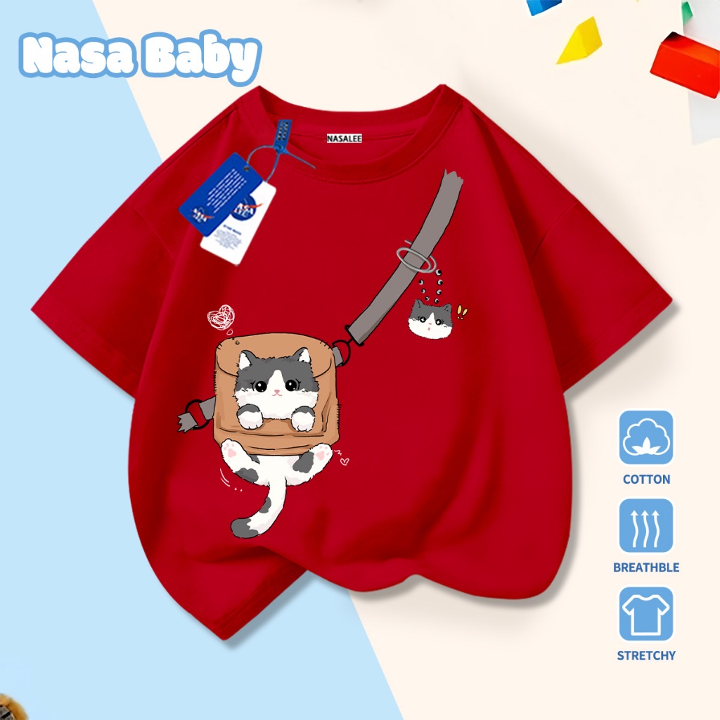 🚀Xu hướng hot 2026🚀 Áo thun trẻ em họa tiết mèo đeo ba lô NASA 100% chất liệu cotton Unisex Giao hàng ngay