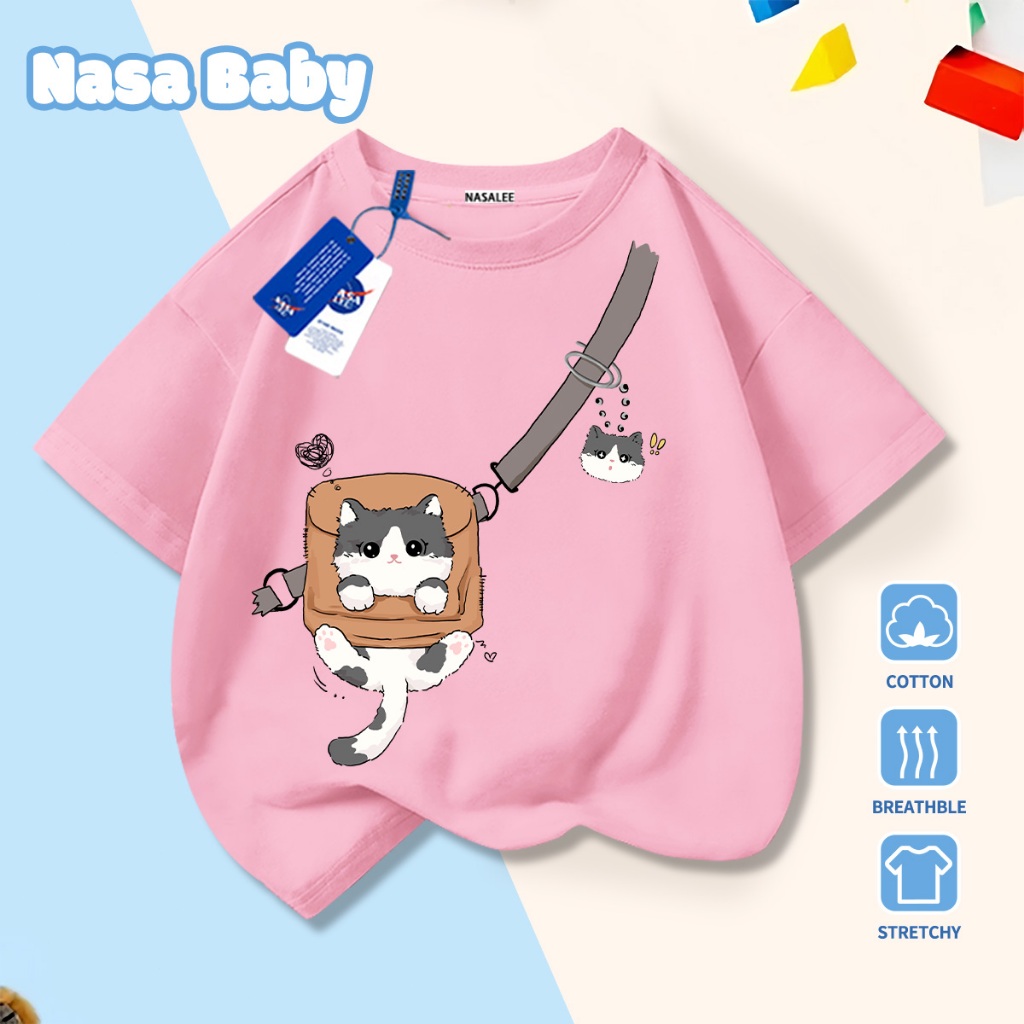 🚀Xu hướng hot 2026🚀 Áo thun trẻ em họa tiết mèo đeo ba lô NASA 100% chất liệu cotton Unisex Giao hàng ngay