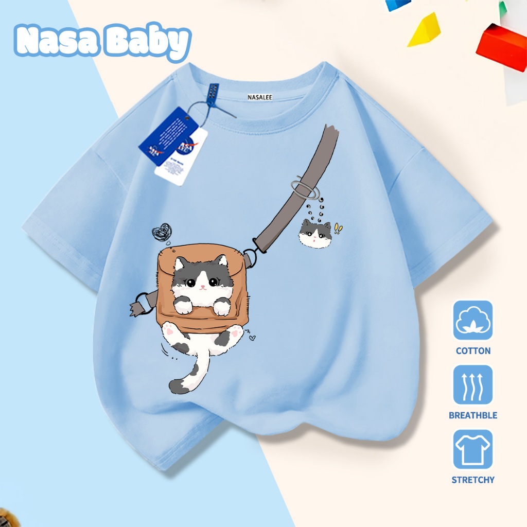 🚀Xu hướng hot 2026🚀 Áo thun trẻ em họa tiết mèo đeo ba lô NASA 100% chất liệu cotton Unisex Giao hàng ngay