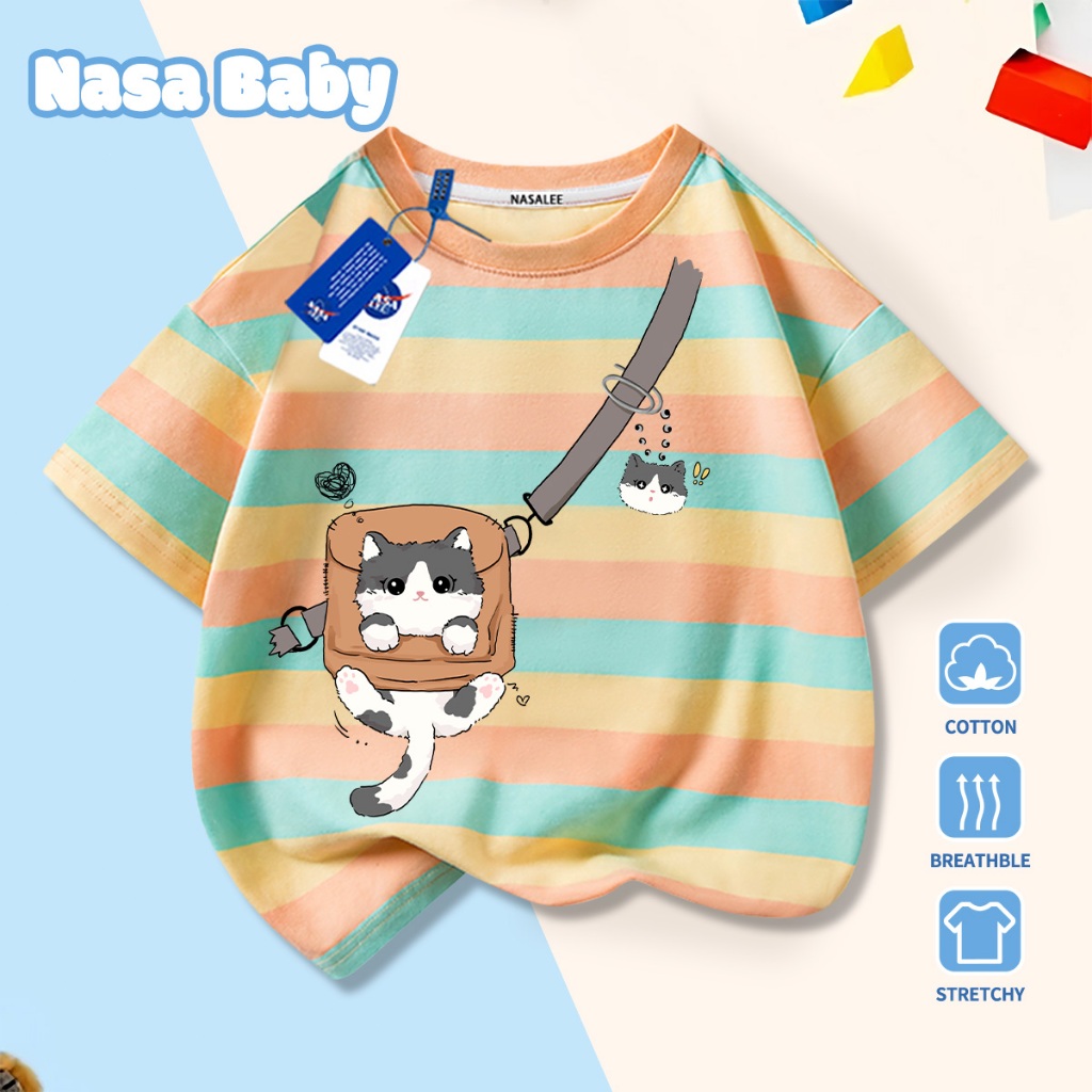 🚀Xu hướng hot 2026🚀 Áo thun trẻ em họa tiết mèo đeo ba lô NASA 100% chất liệu cotton Unisex Giao hàng ngay