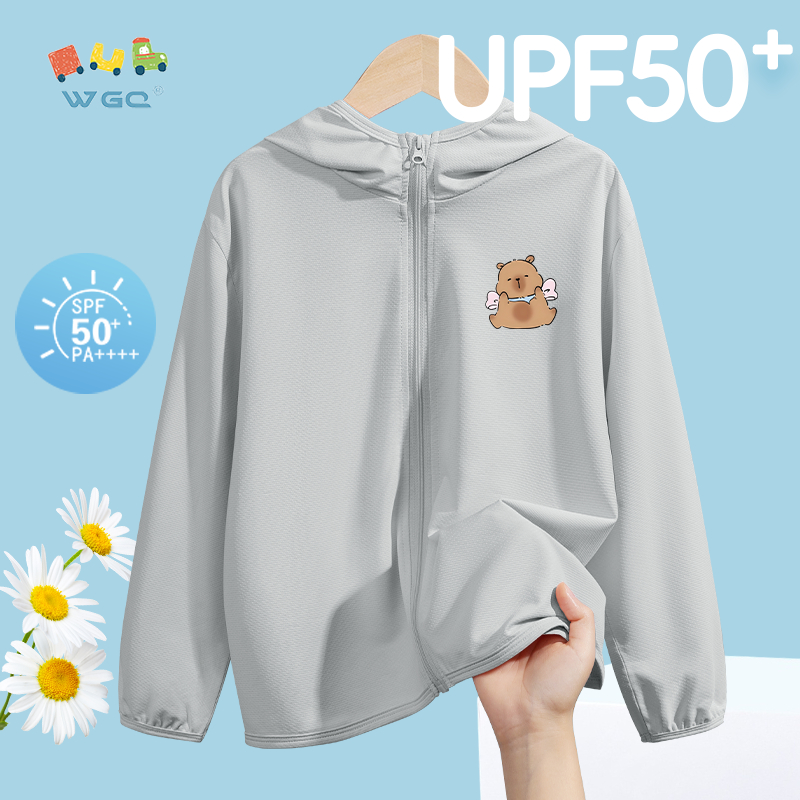 W.G.Q Quần áo chống nắng cho bé trai / bé gái, Thiết kế Cardigan có mũ trùm đầu in capybara, thoáng khí nhẹ, Chỉ số chống nắng 50 +