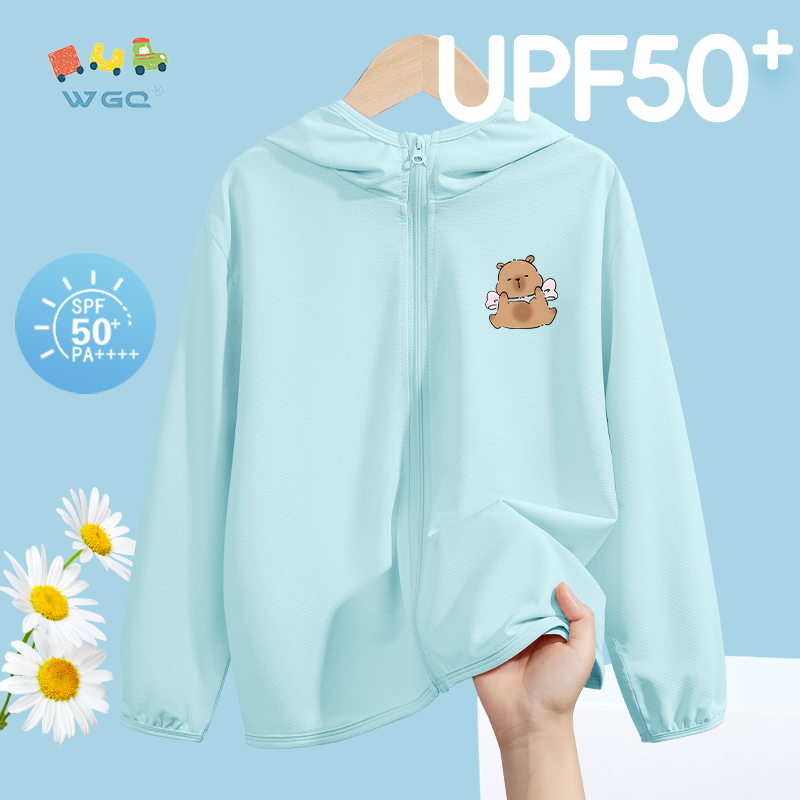W.G.Q Quần áo chống nắng cho bé trai / bé gái, Thiết kế Cardigan có mũ trùm đầu in capybara, thoáng khí nhẹ, Chỉ số chống nắng 50 +