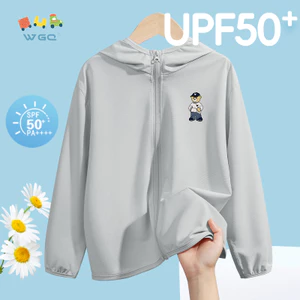 W.G.Q Quần áo chống nắng cho bé trai / bé gái, thiết kế Cardigan có mũ trùm đầu có in, thoáng khí nhẹ, chỉ số chống nắng 50 +