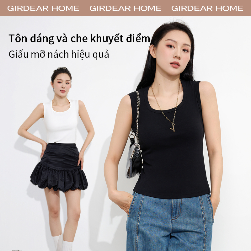 Girdear Home Áo Dệt Kim Sọc Mỏng Modal Cotton Cho Nữ Mùa Xuân Hè Mới - Áo Tank Top Vai Rộng Slim Fit U Cổ, Thun Mềm Chất Liệu Căn Bản Màu Trơn,8511EA04