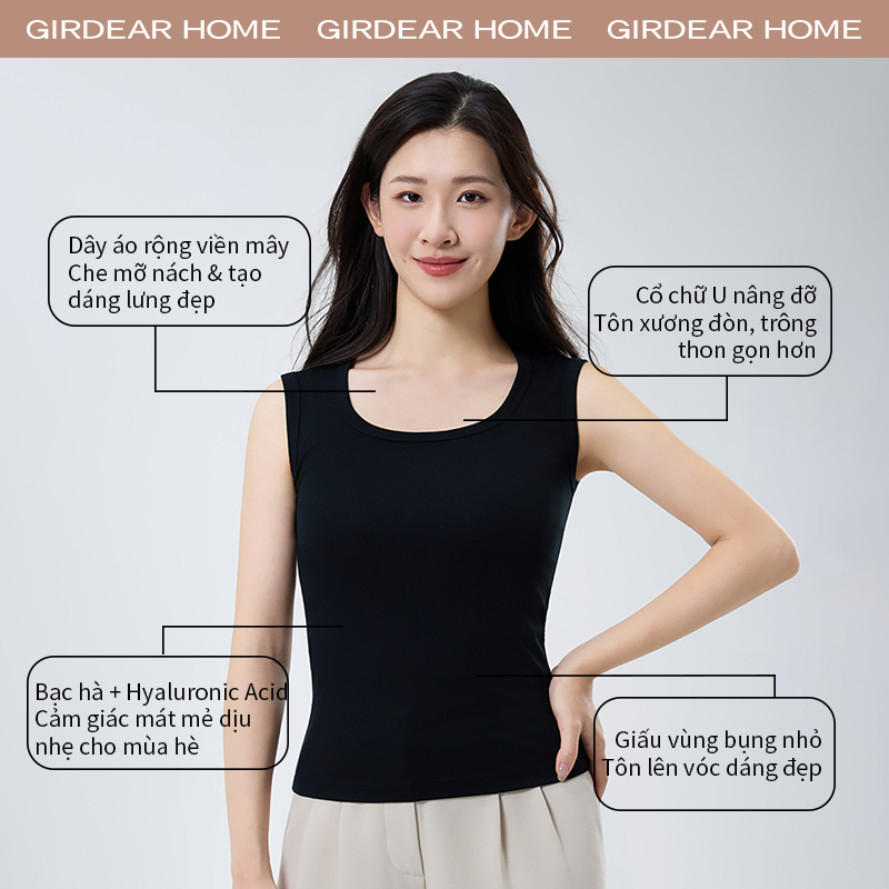 Girdear Home Áo Dệt Kim Sọc Mỏng Modal Cotton Cho Nữ Mùa Xuân Hè Mới - Áo Tank Top Vai Rộng Slim Fit U Cổ, Thun Mềm Chất Liệu Căn Bản Màu Trơn,8511EA04