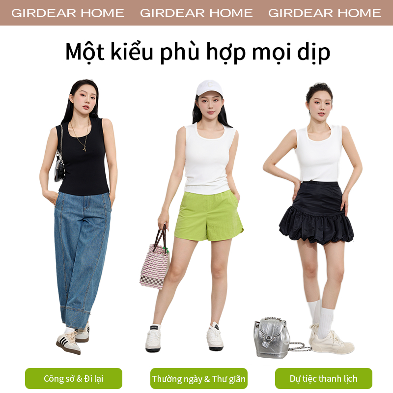Girdear Home Áo Dệt Kim Sọc Mỏng Modal Cotton Cho Nữ Mùa Xuân Hè Mới - Áo Tank Top Vai Rộng Slim Fit U Cổ, Thun Mềm Chất Liệu Căn Bản Màu Trơn,8511EA04