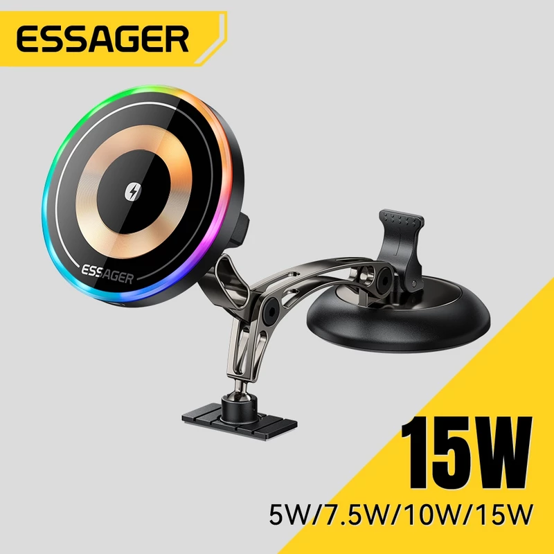 Giá đỡ xe sạc không dây từ tính ESSAGER 15W với lực từ tính siêu mạnh và độ ổn định Giá đỡ điện thoại đa năng với đèn xung quanh đầy màu sắc — ảnh 1