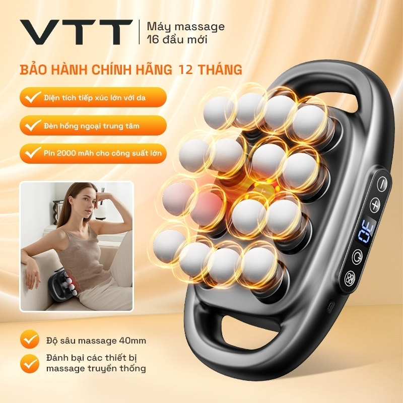 Máy Massage Cơ 16 Đầu | Pin 2000mAh, 30 Cấp Độ Mạnh Mẽ, Vận Hành Êm Ái 45dB | Giảm Đau Mỏi Chuyên Sâu, Tự Động Tắt