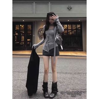 【BANKO】Áo thun dài tay màu xám có ruy băng, phong cách Hàn Quốc phù hợp mùa xuân
