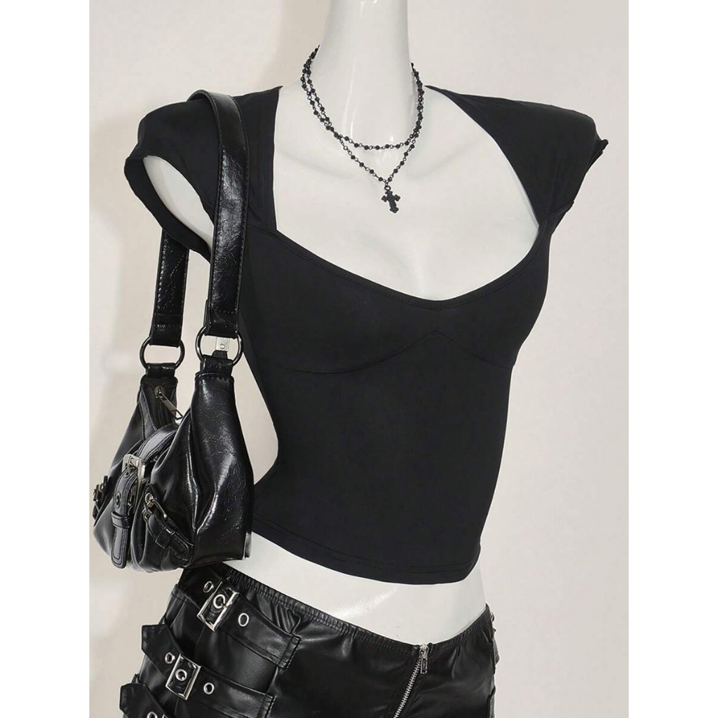 Áo thun cổ vuông mùa hè gợi cảm hở lưng nữ tay ngắn thanh lịch áo crop top
