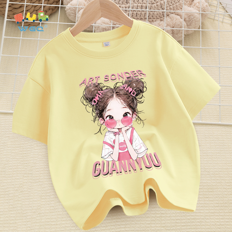 W.G.Q Áo thun cho bé gái , vải 100% Cotton mềm mại thoải mái, thấm mồ hôi thoáng khí, in hình cô gái dễ thương