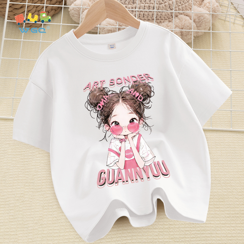W.G.Q Áo thun cho bé gái , vải 100% Cotton mềm mại thoải mái, thấm mồ hôi thoáng khí, in hình cô gái dễ thương