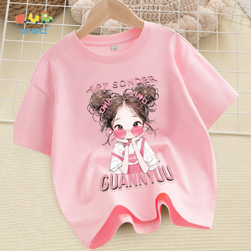 W.G.Q Áo thun cho bé gái , vải 100% Cotton mềm mại thoải mái, thấm mồ hôi thoáng khí, in hình cô gái dễ thương
