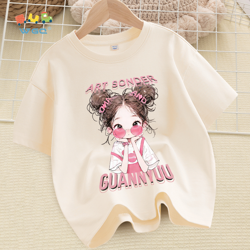 W.G.Q Áo thun cho bé gái , vải 100% Cotton mềm mại thoải mái, thấm mồ hôi thoáng khí, in hình cô gái dễ thương