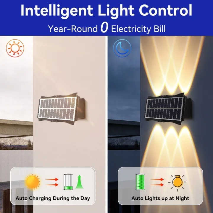 Đèn tường chống nước ngoài trời năng lượng mặt trời RGB/ấm, tự động bật/tắt, trang trí Giáng sinh, tiết kiệm điện