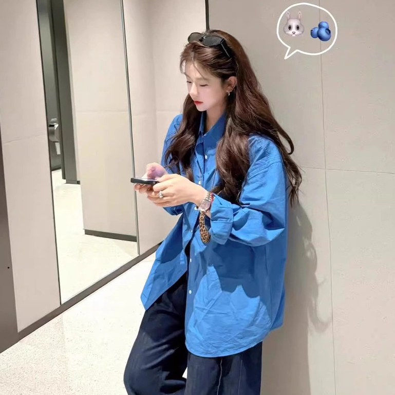 Kii Wii Áo khoác ngoài Cotton nguyên chất mùa hè dành cho nữ Áo sơ mi dài tay màu xanh 250508