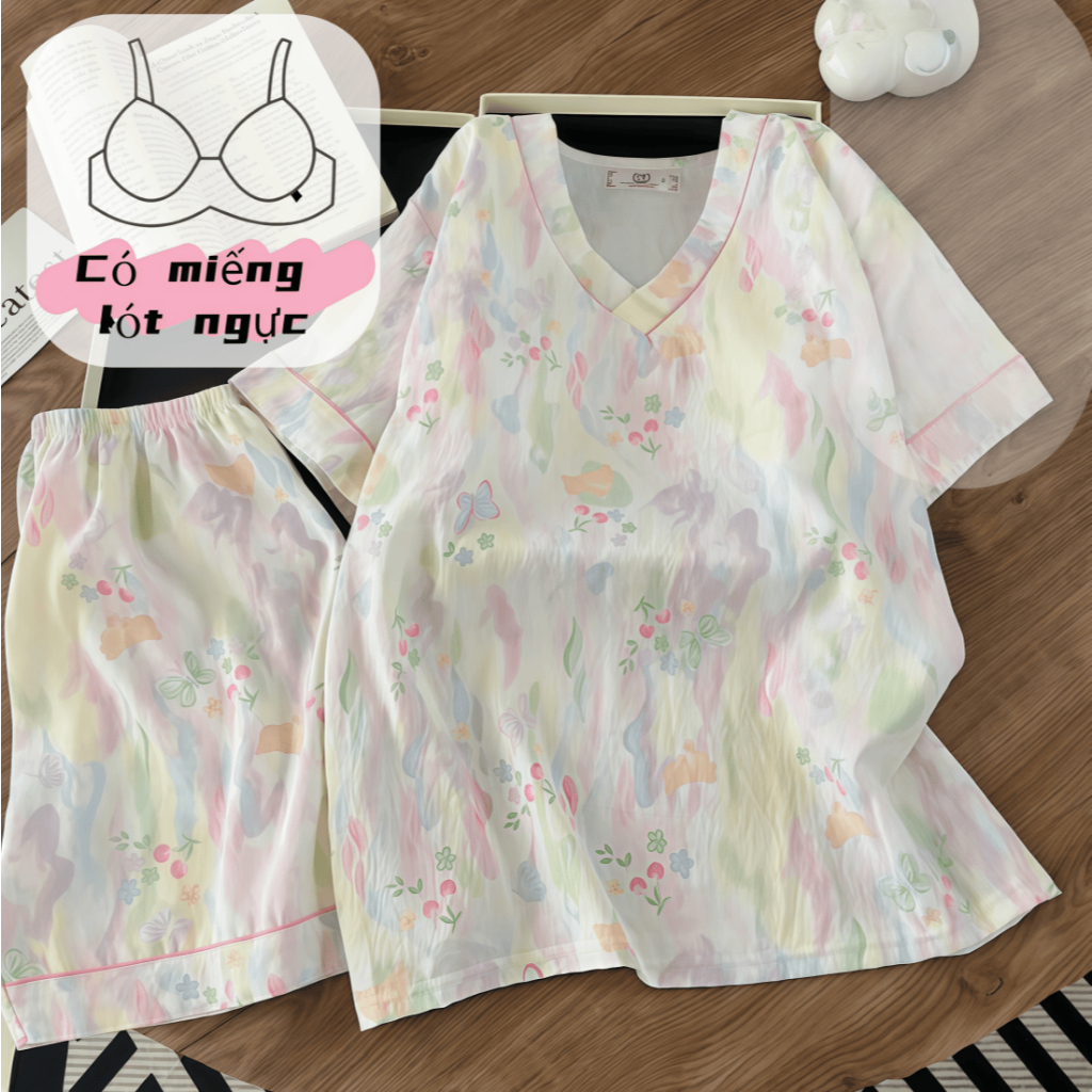 【Mẫu có đệm ngực】Bộ đồ ngủ nữ tay ngắn quần short cotton cổ trơn xuân hè 2026 in hình đáng yêu thoáng mát mặc nhà mặc ngoài