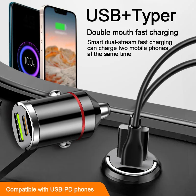 [Giảm giá] Sạc xe hơi 100W PD Sạc nhanh cho IPhone QC3.0 Mini USB Type C Bộ sạc điện thoại ô tô mini
