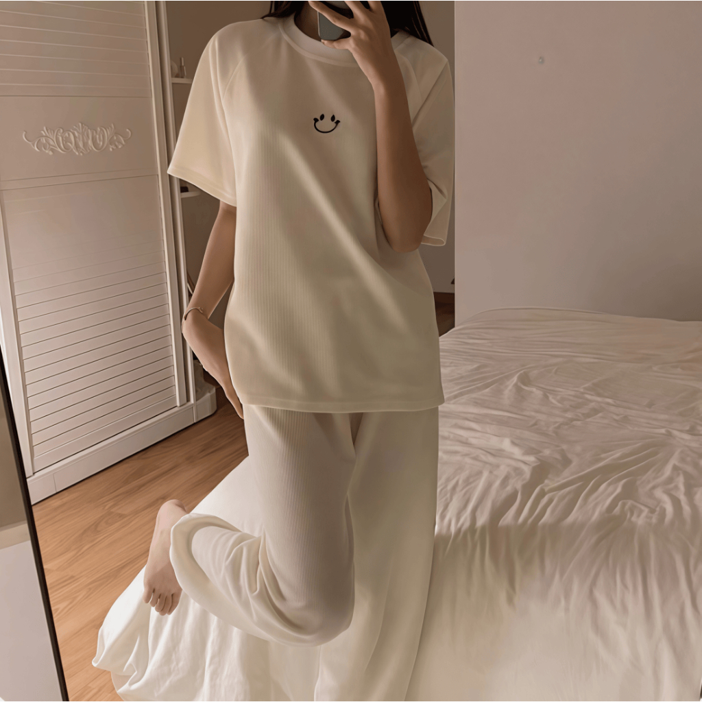 【Bộ tay ngắn quần dài】Bộ đồ ngủ nữ tay ngắn quần dài cotton cổ trơn xuân hè 2026 trơn màu in hình mặt cười đáng yêu mặc nhà mặc ngoài