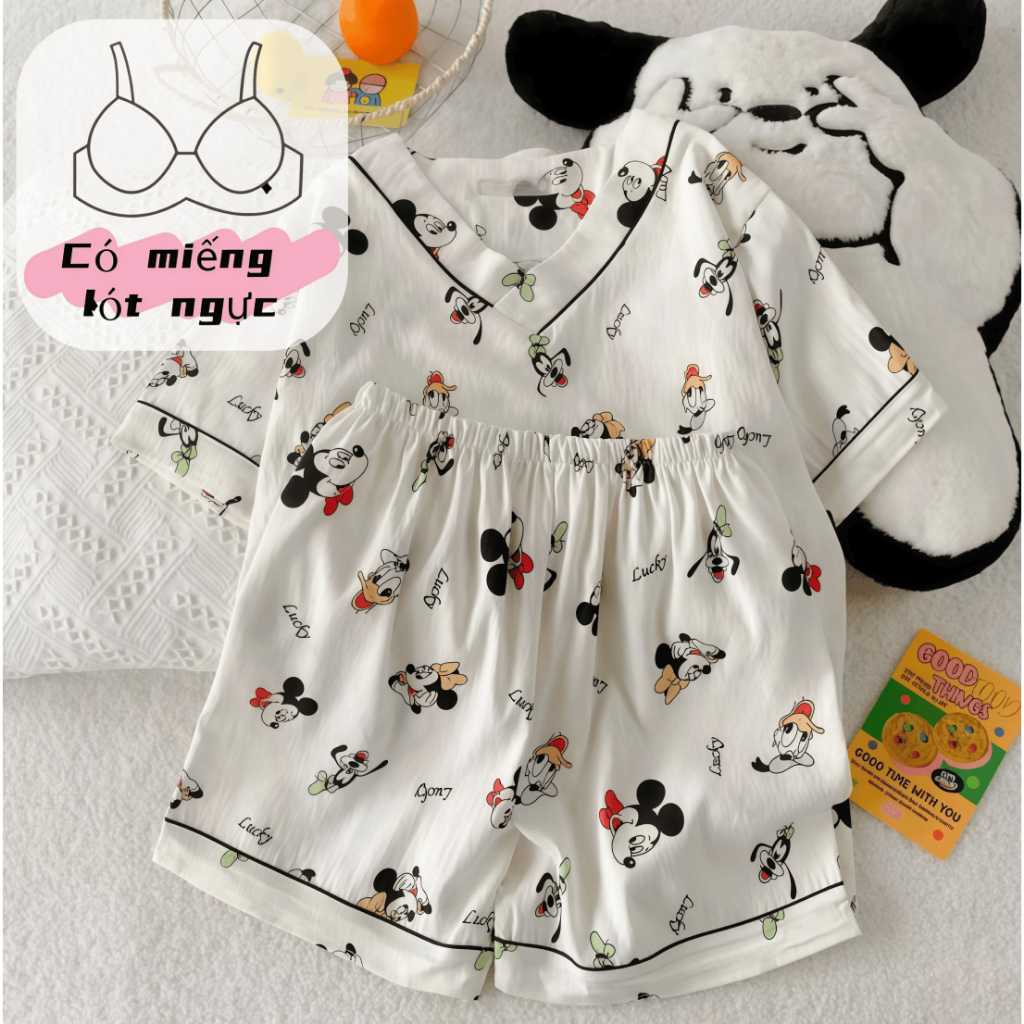 【Mẫu có đệm ngực】Bộ đồ ngủ nữ tay ngắn quần short cotton cổ trơn xuân hè 2026 in hình đáng yêu thoáng mát mặc nhà mặc ngoài