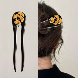 Kẹp tóc gỗ mun hình chữ U 15cm màu vàng lá bạch quả - Phụ kiện tóc cao cấp cho mọi ngày
