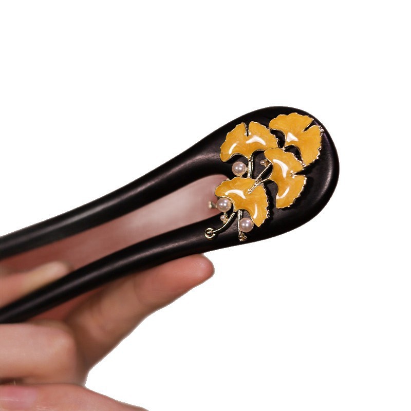 Kẹp tóc gỗ mun hình chữ U 15cm màu vàng lá bạch quả - Phụ kiện tóc cao cấp cho mọi ngày