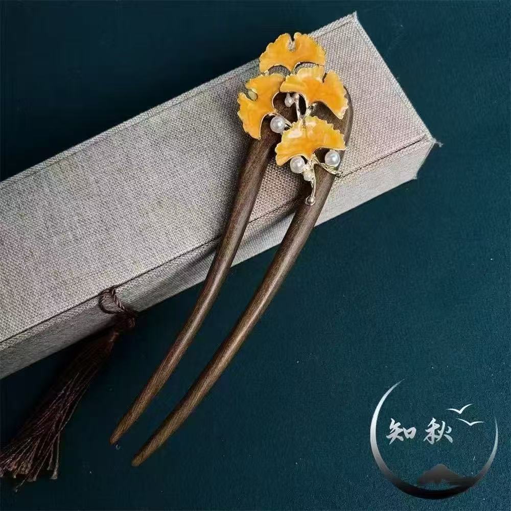 Kẹp tóc gỗ mun hình chữ U 15cm màu vàng lá bạch quả - Phụ kiện tóc cao cấp cho mọi ngày