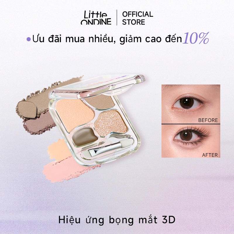 Little Ondine Bảng phấn tạo bọng mắt 4 màu  mịn lì, kèm nhũ lấp lánh bắt sáng 4.5g