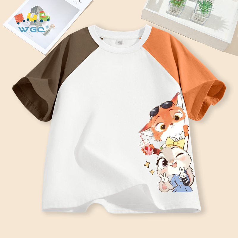 W.G.Q Áo thun bé trai / bé gái ,  Thiết kế tay áo chéo phối màu , Vải Cotton nguyên chất mềm mại thoải mái, giản dị thoải mái với in hình Zootopia