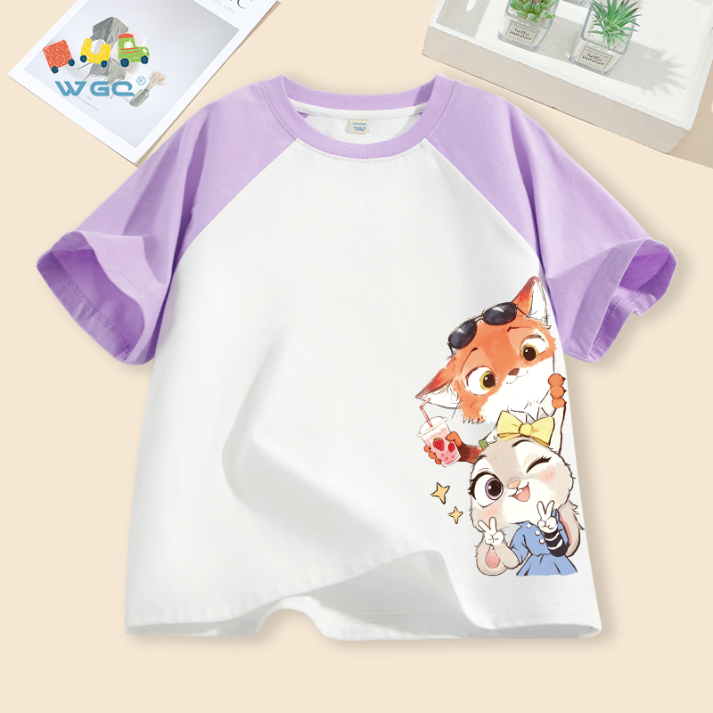 W.G.Q Áo thun bé trai / bé gái ,  Thiết kế tay áo chéo phối màu , Vải Cotton nguyên chất mềm mại thoải mái, giản dị thoải mái với in hình Zootopia