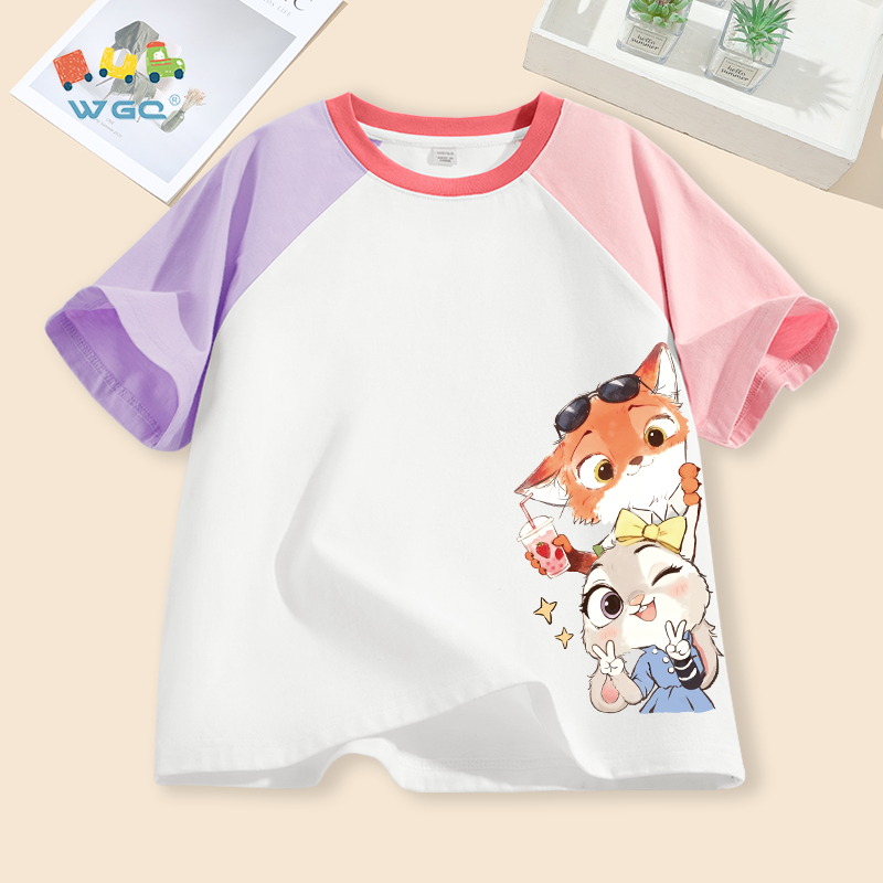 W.G.Q Áo thun bé trai / bé gái ,  Thiết kế tay áo chéo phối màu , Vải Cotton nguyên chất mềm mại thoải mái, giản dị thoải mái với in hình Zootopia