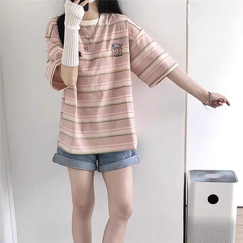 SUXI Áo thun Cotton sọc màu hồng Áo thun nữ tay ngắn thêu