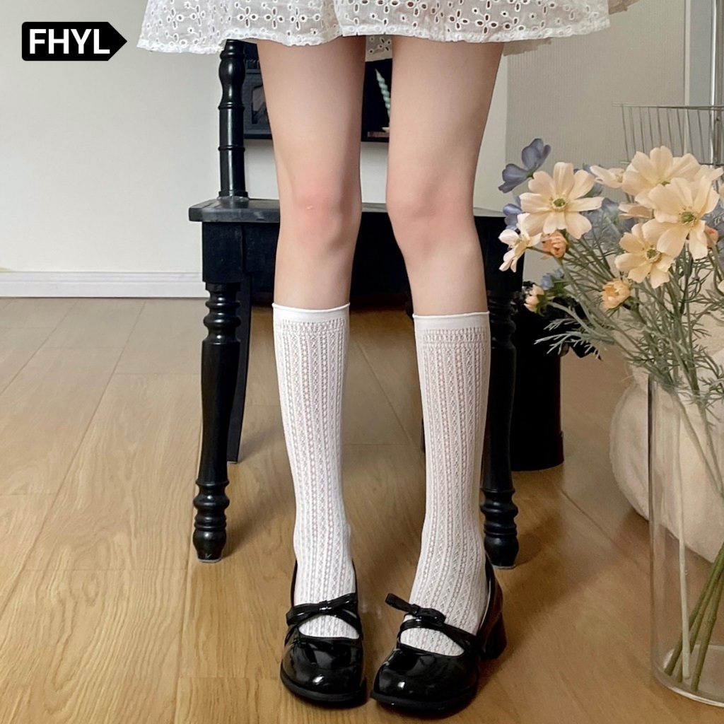FHYL Tất Cổ Cao Ren Mỏng Cổ Nhún Màu Sắc Basic Thoáng Mát Co Giãn Phong Cách Vintage Thời Trang Mùa Hè Cho Nữ