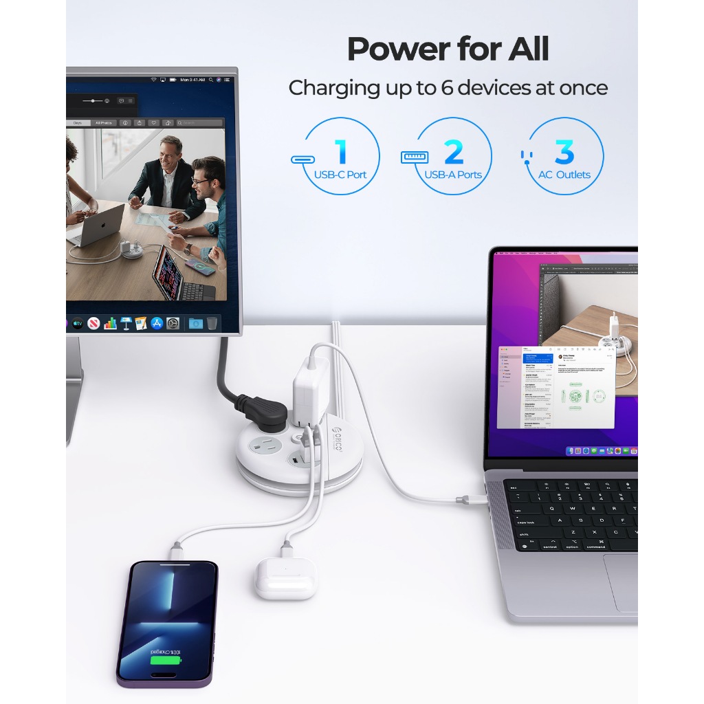 ORICO US Plug - Dây nối dài di động có cổng USB Cáp gói để cắm trại ngoài trời Văn phòng tại nhà (OR-3A-US)