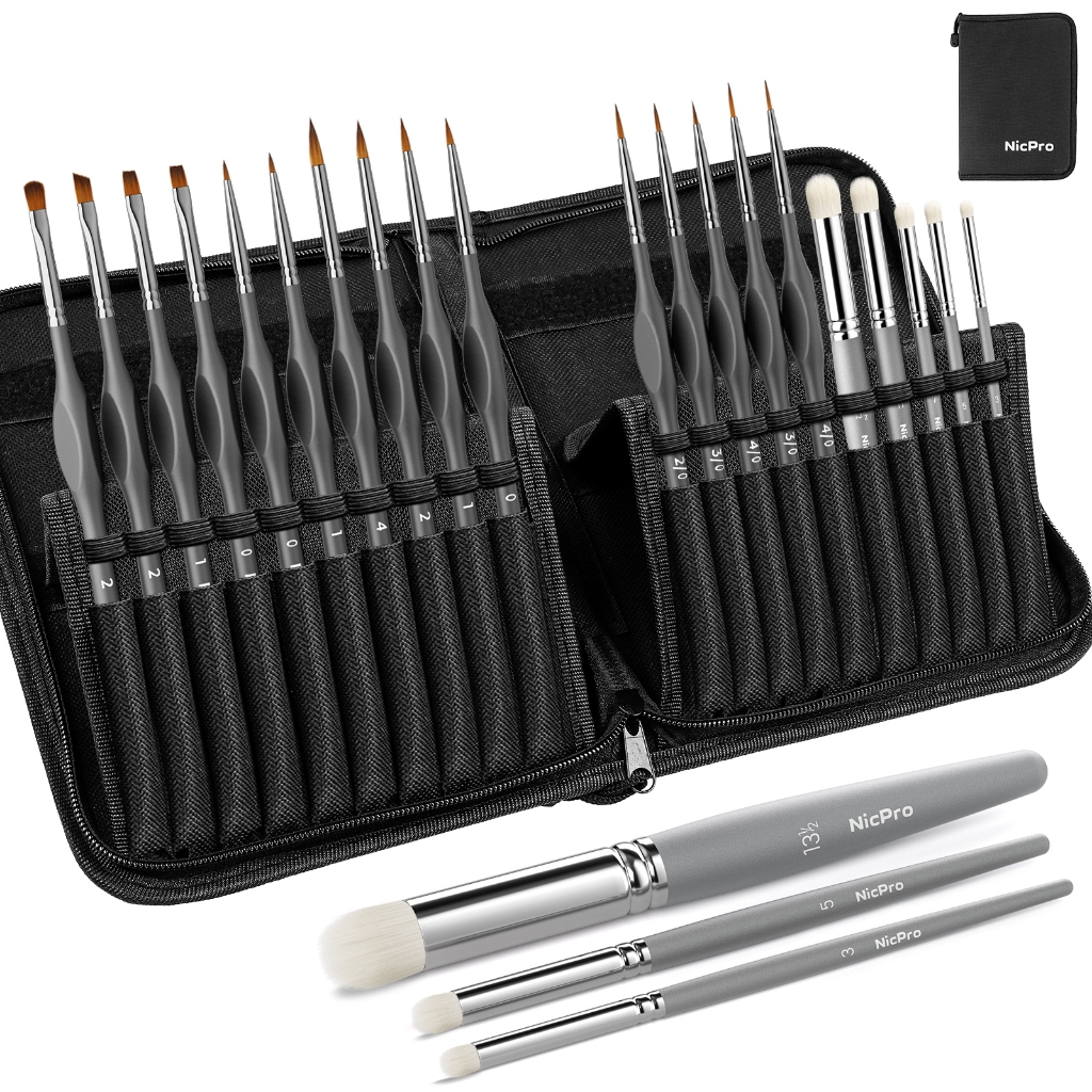 Bàn chải sơn thu nhỏ Nicpro Bàn chải khô - 20 chiếc Bộ cọ sơn mô hình có hộp Nylon cho Acrylic, dầu, màu nước, bàn chải sơn chi tiết Bàn chải khô cho mô hình, Tranh thu nhỏ, Đau