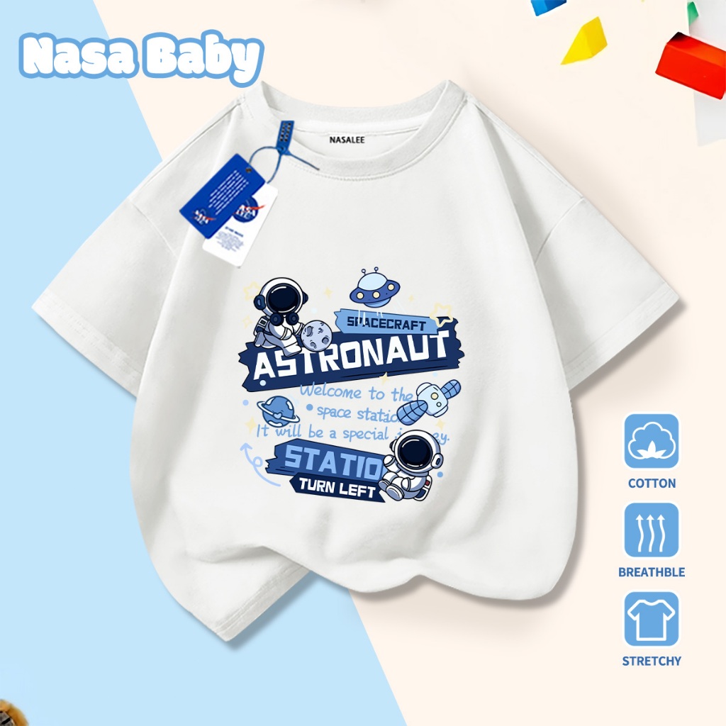 🚀Xu hướng hot 2026🚀 Áo thun trẻ em họa tiết hoạt hình phi hành gia NASA 100% chất liệu cotton Unisex Giao hàng ngay