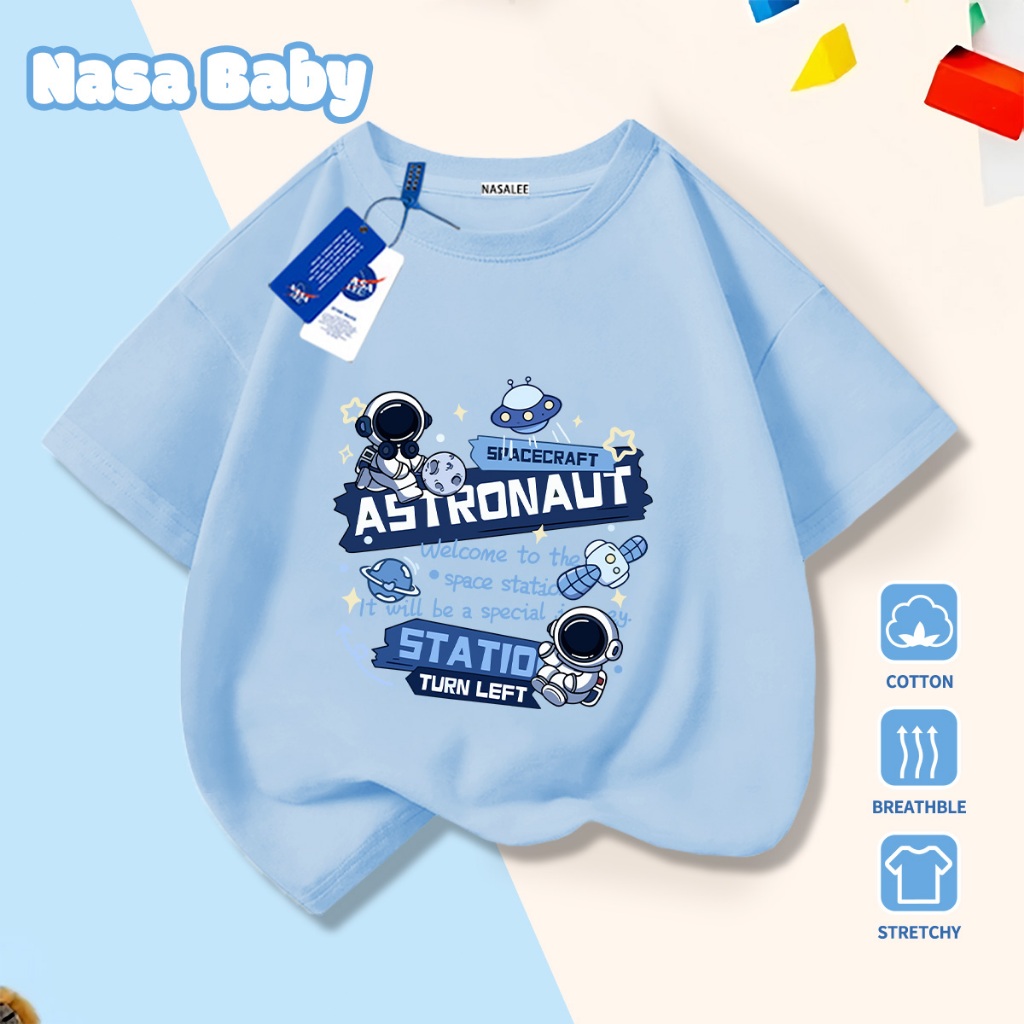 🚀Xu hướng hot 2026🚀 Áo thun trẻ em họa tiết hoạt hình phi hành gia NASA 100% chất liệu cotton Unisex Giao hàng ngay