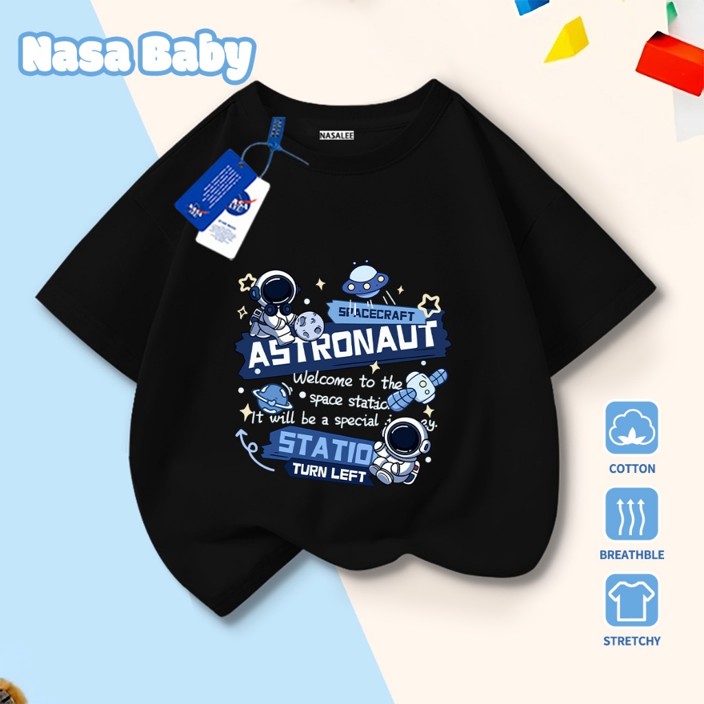🚀Xu hướng hot 2026🚀 Áo thun trẻ em họa tiết hoạt hình phi hành gia NASA 100% chất liệu cotton Unisex Giao hàng ngay